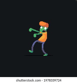 Pixel art walking male zombie character with open mouth