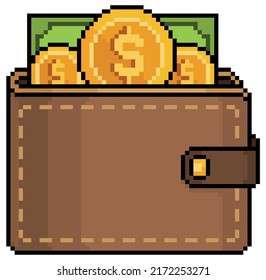 Pixel art wallet with banknotes and coins. wallet with dollars vector icon for 8bit game on white background
