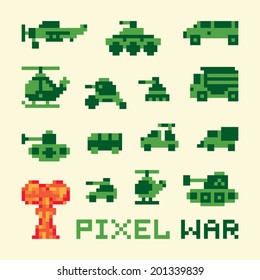Pixel art war machines isolated vector set