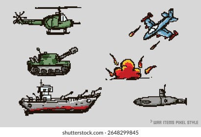 Pixel art máquinas de guerra y artículos aislados Vector., estilo retro.