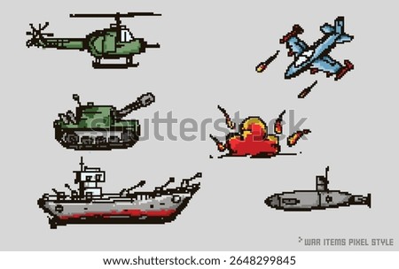Pixel art war machines and items isolated vector.,retro style.