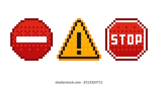 pixel art warning signs, 8 bit retro style. Danger sign attention pixel icons. Vector illustration