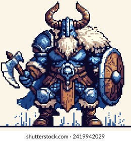 Pixel Art Warrior. a giant in blue armor with horns, who carries a shield and an axe. 8 Bit.