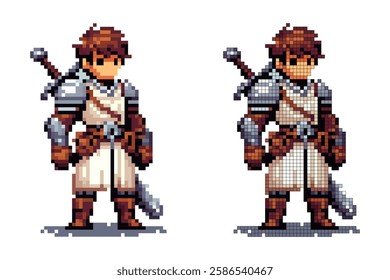 A pixel art warrior stands confidently, wearing medieval armor and holding a sword. The character is designed in vibrant colors, suggesting bravery and readiness for battle in a fantasy realm.