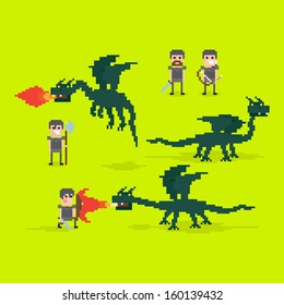 Pixel art warriors and flying fire belching dragon