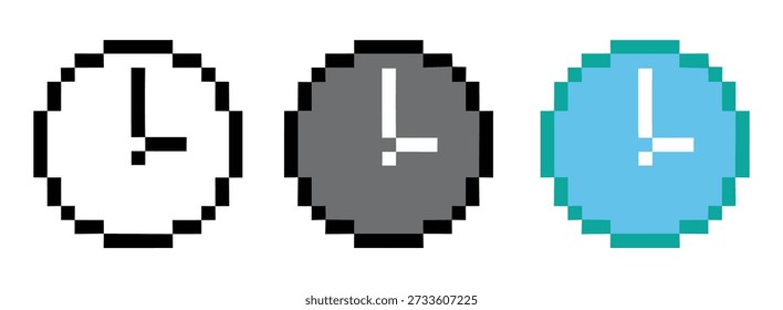 Pixel reloj de arte. Icono del reloj del arte del píxel que muestra el Vector del estilo retro del tiempo.