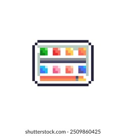 Pixel Art Watercolor Paint Set Icon. Retro 8bit Art Supplies for School and Crafting.