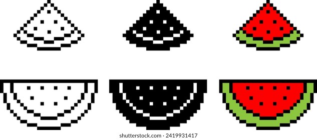 pixel art watermelon fruit icon set