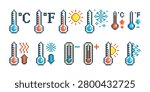 Pixel art weather thermometers. Pixelated thermometer column show different outside temperature. Winter, summer seasons, game 8 bit icons, tidy vector clipart
