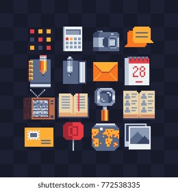 Pixel art web icons set. Flat style. Office stationery. Notepad with pen. ?ontact book and image gallery. 8-bit sprite. Design of websites and mobile apps. Game assets.  Isolated vector illustration.