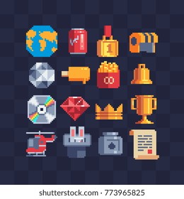Pixel art web icons set. Maps, soda drink, usb drive, gold medal and goblet. precious stones diamond and ruby. Design for mobile apps.  Game assets. 8-bit sprite. Isolated vector flat illustration.