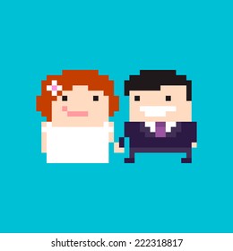 Pixel art wedding, couple characters holding hands and smiling