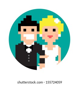 Pixel art wedding couple in circle isolated on white background, vector illustration