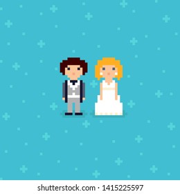 Pixel art wedding couple. Cute characters. Bride and groom on a blue background with crosses and dots. 8-bit vector illustration. 