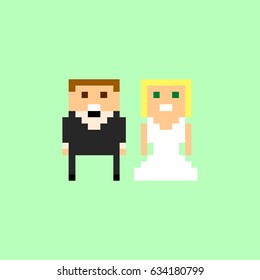 Pixel art wedding couple isolated. Vector 8-bit illustration. 
