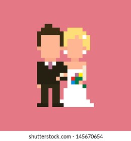 Pixel art wedding couple staying together isolated on pink background, vector illustration
