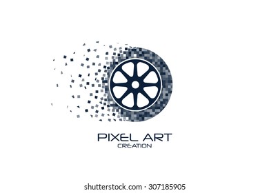 Pixel art wheel logo on white background.