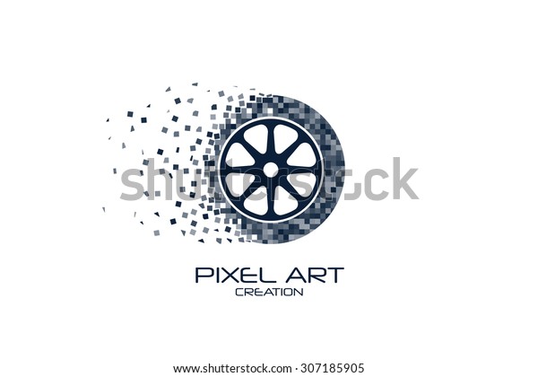 Pixel art wheel logo\
on white background.
