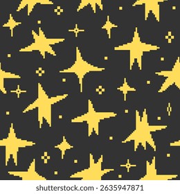 Pixel art whimsical twinkling stars seamless vector pattern. Retro minimalist video game inspired tile background featuring yellow stars of different shapes on dark grey backdrop