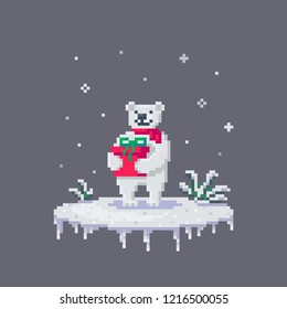 Pixel art white bear with a gift. Cute greeting illustration on holidays.