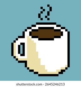 pixel art white coffee cup with steam coming out of it. The image is pixelated and has a blue background