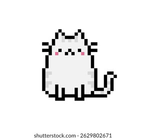 Pixel art white cute cat sitting pose. pixel art cat, pet, animal.