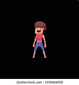 Pixel art white girl in fitness sporty outfit standing with happy face expression on dark background