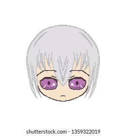 Pixel art, white haired scary boy, zombie. Smile for chat. Sticker.