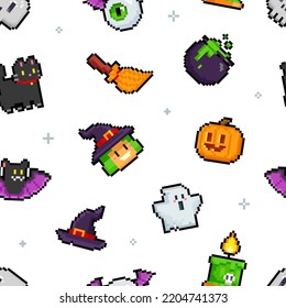 Pixel Art White Halloween Seamless Pattern. 8-bit Witch, Ghost, Pumpkin, Bat, Night Cat And Other Characters In Retro Computer Game Style. Cute Endless Cartoon Background For Halloween Design