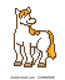 Pixel art white horse isolated on white background. Domestic, farm animal icon. Cute 8 bit pony logo. Retro vintage 80s, 90s slot machine, video game graphics. 