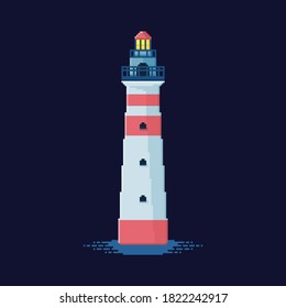 Pixel art white lighthouse with red lines 8 bit illustration sprite