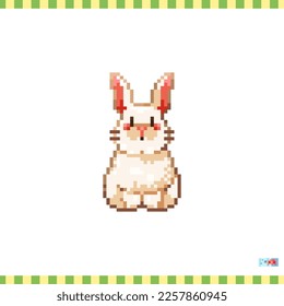 Pixel art white rabbit icon. Vector 8 bit style illustration of cute bunny. Decorative easter spring element of retro video game computer graphic for game asset, sprite, sticker or web.