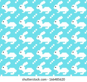 Pixel art. White rabbit on blue background with ornament. Seamless vector pattern.