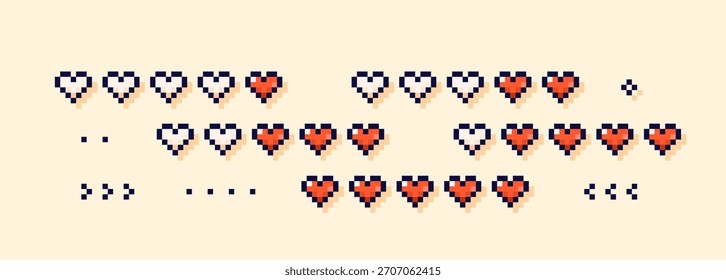 Pixel art barras de carga blancas y rojas hechas de corazones.