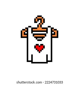 Pixel art white sleeveless shirt with a heart symbol on a hanger isolated on white background. Women's fashion. Female clothes icon. Retro vintage 90s, 80s 8 bit slot machine, 2d video game graphics.