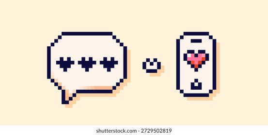 Pixel art white speech bubble and mobile phone with hearts.