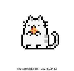 pixel art white tiger pose eating pizza on white background