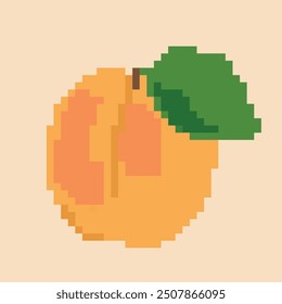 Pixel art of a whole apricot with green leaves on a light beige background. Ideal for digital art projects, food illustration, game design and retro design.