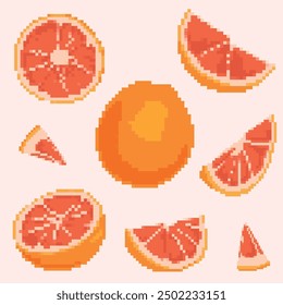 Pixel art of a whole grapefruit and slices on a light pink background. Ideal for digital projects, packaging, textiles, and more. Bright and vibrant design for creative uses