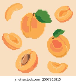 Pixel art of whole and sliced apricots with green leaves on a light beige background. Ideal for digital art projects, food illustrations, and retro-themed designs