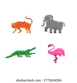 El arte de los píxeles es un juego de animales salvajes. Iconos de jaguar, elefante, cocodrilo y flamingo pixelados. Ilustración vectorial.