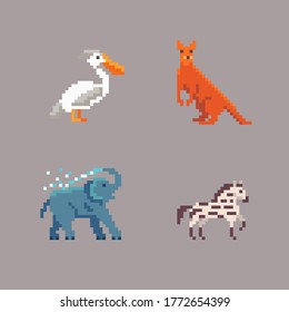 Pixel art wild animals set. Pixelated pelican, kangaroo, zebra and elephant icons. Vector illustration.