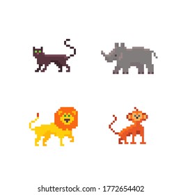 Pixel art wild animals set. Pixelated lion, monkey, panther and rhino icons. Vector illustration.
