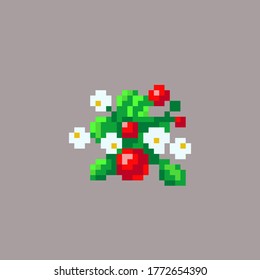 Pixel art wild berry icon. Pixelated blooming strawberries sign an isolated background. Vector illustration.