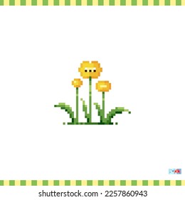 Pixel art wild flowers icon. Vector 8 bit style illustration of  yellow weed flower. Cute decorative spring element of retro video game computer graphic for game asset, sprite, sticker or web.