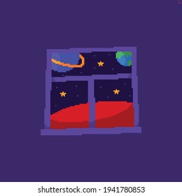 Pixel art window from colony on Mars with Martian landscape, planets and space outside