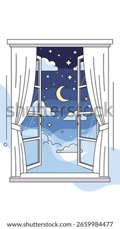 Pixel art window opening to a starry night sky with a crescent moon and wispy clouds