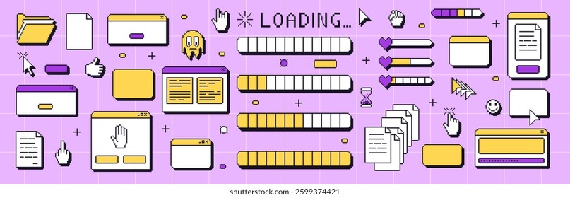 Pixel art windows interface. 8 bit browser and popup elements with pointers cursors, arrow and sparkles and loading bar. Pixel screens 90s style. Ui message borders figures. Vector set illustration.