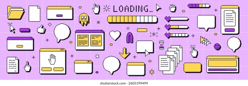Pixel art windows interface. 8 bit browser and popup elements with pointers cursors, speech bubbles and loading bar. Pixel screens 90s style. Ui figures. Vector set illustration.
