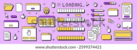 Pixel art windows interface. 8 bit browser and popup elements with pointers cursors, arrow and sparkles and loading bar. Pixel screens 90s style. Ui message borders figures. Vector set illustration.